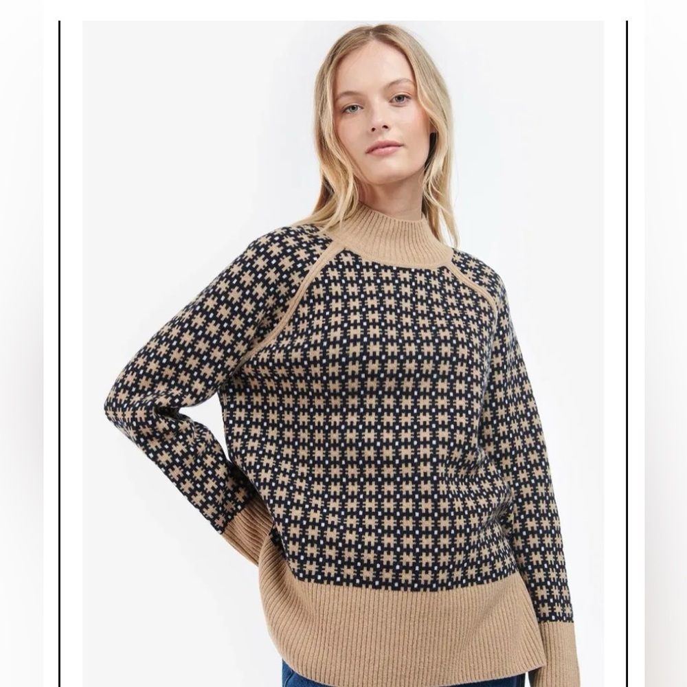 Barbour Mara Geometric Pattern Wool Blend Sweater Tan And Black Women's US 14